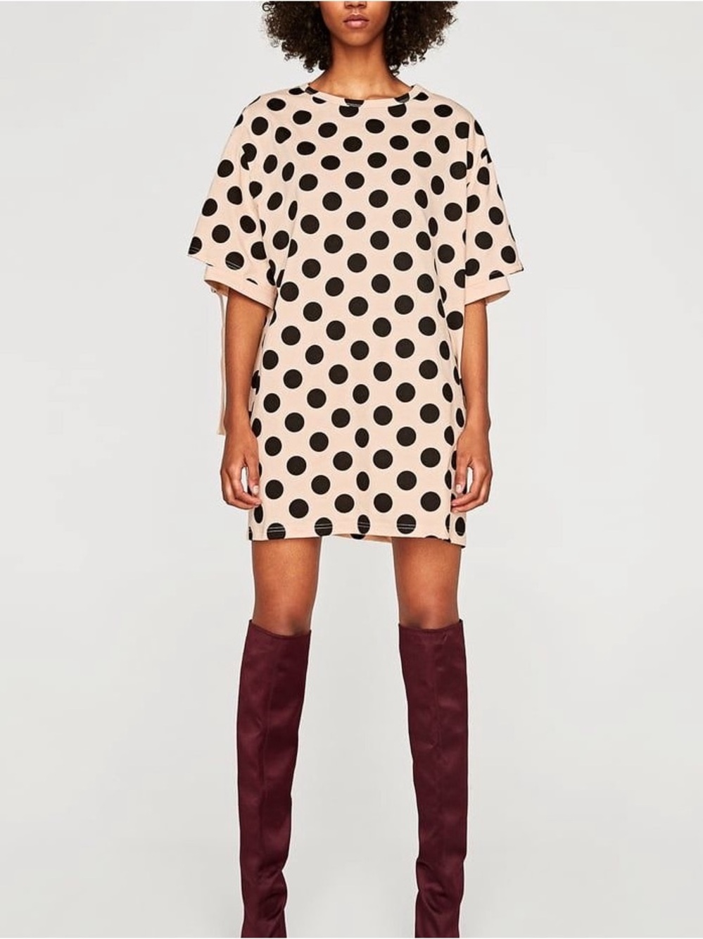 Zara Beige Mini Dress with Black Polka Dots and Buckle Sleeve, Size L